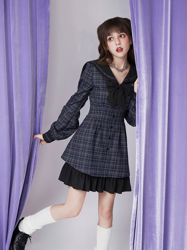 Plaid Sailor Collar Bow Mini Dress