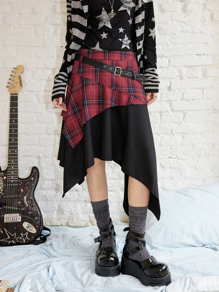 Punk Plaid Layered Asymmetric Midi Skirt