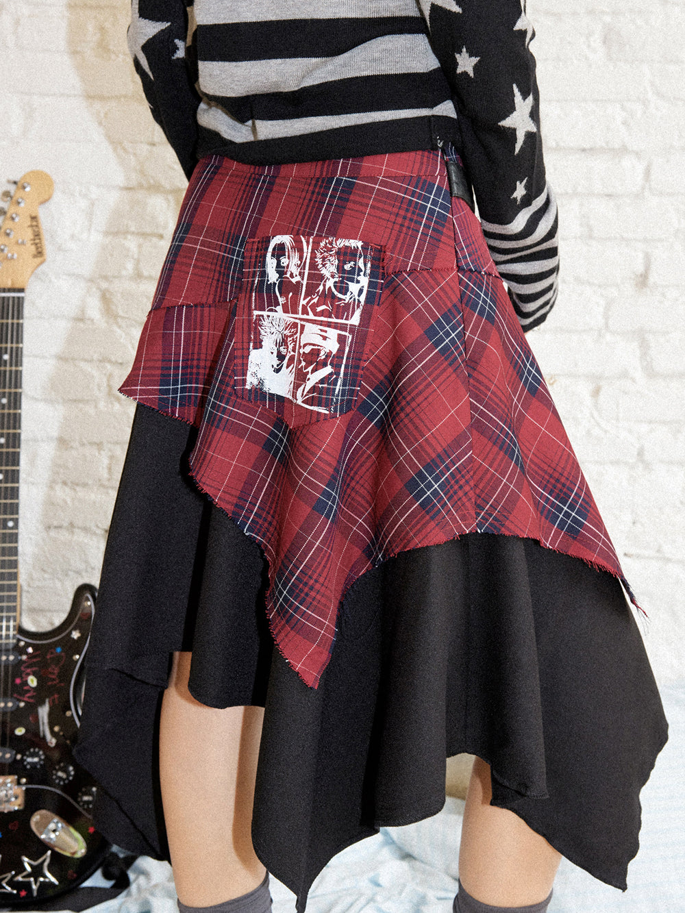 Punk Plaid Layered Asymmetric Midi Skirt