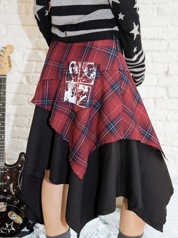 Punk Plaid Layered Asymmetric Midi Skirt