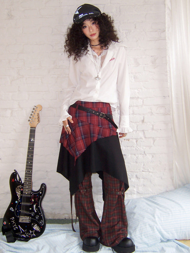 Punk Plaid Layered Asymmetric Midi Skirt