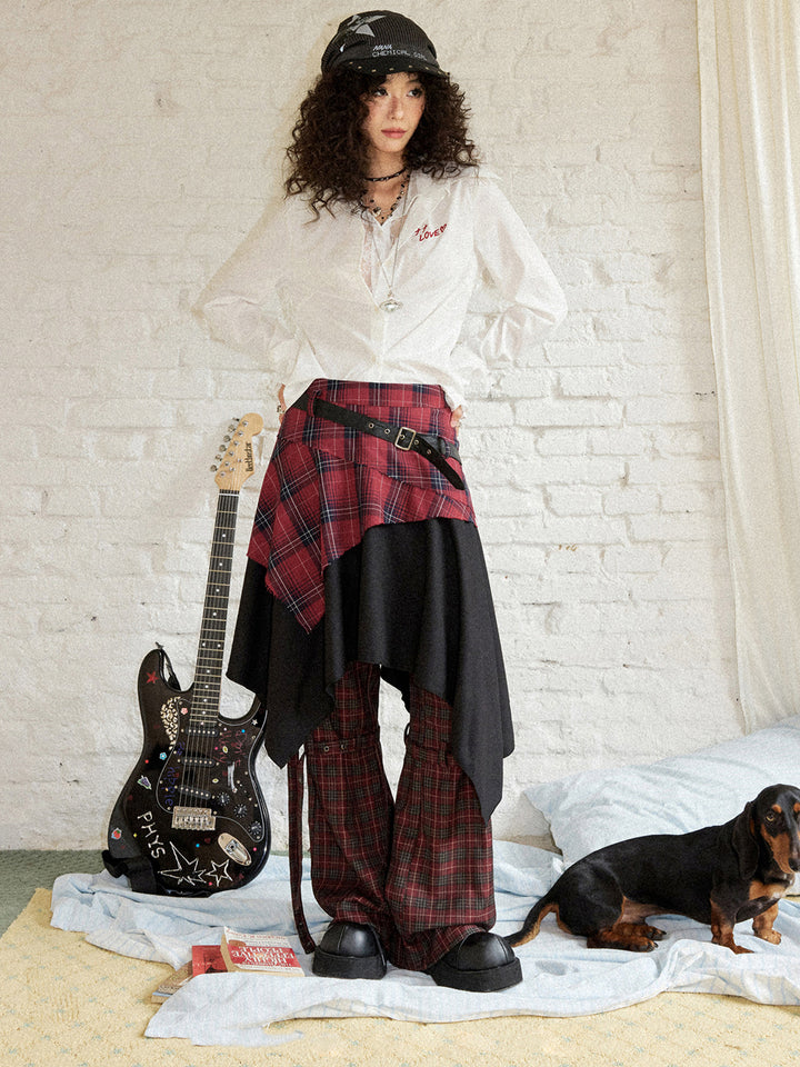 Punk Plaid Layered Asymmetric Midi Skirt
