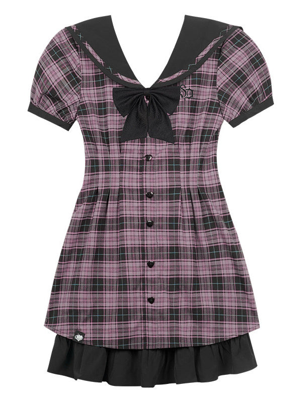 Pink Plaid Sailor Collar Mini Dress