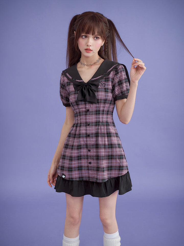 Pink Plaid Sailor Collar Mini Dress