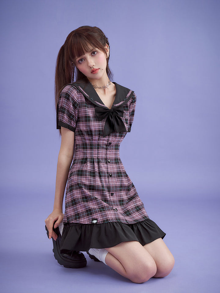 Pink Plaid Sailor Collar Mini Dress