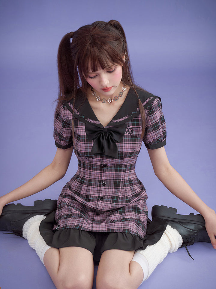 Pink Plaid Sailor Collar Mini Dress