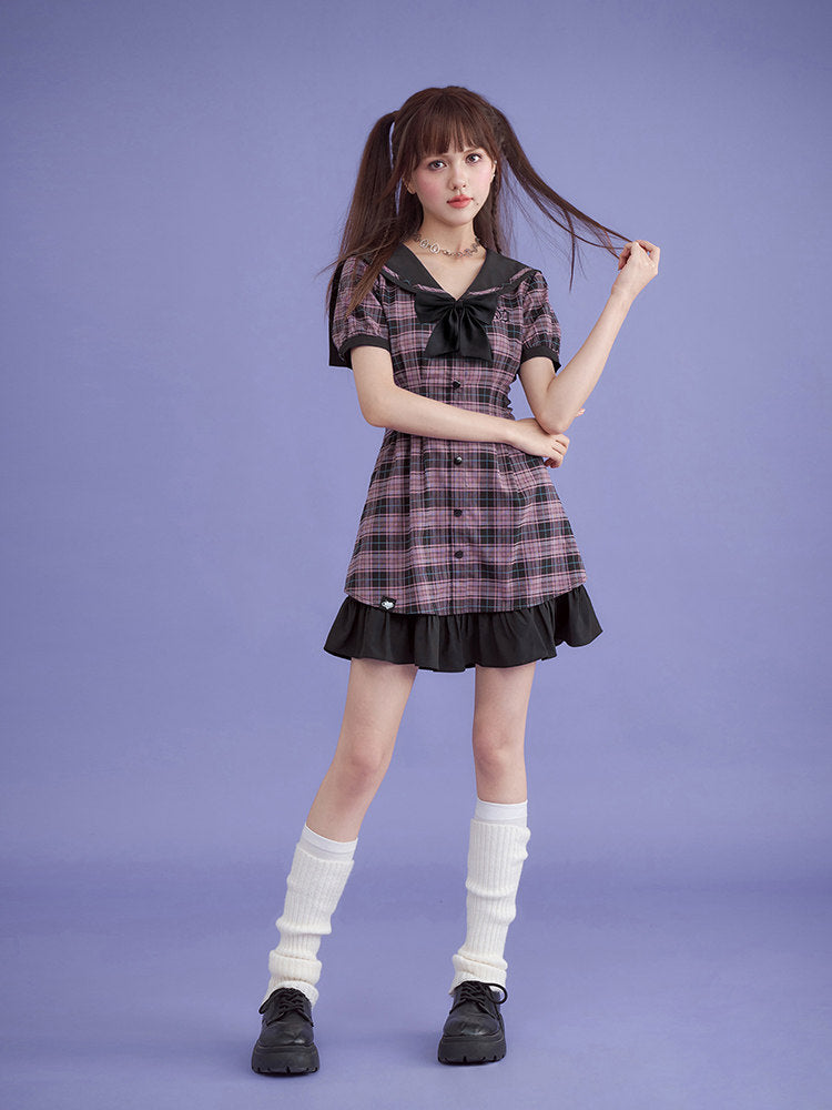 Pink Plaid Sailor Collar Mini Dress