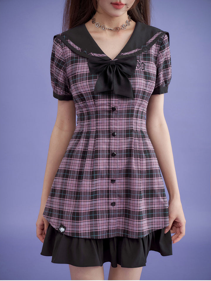 Pink Plaid Sailor Collar Mini Dress