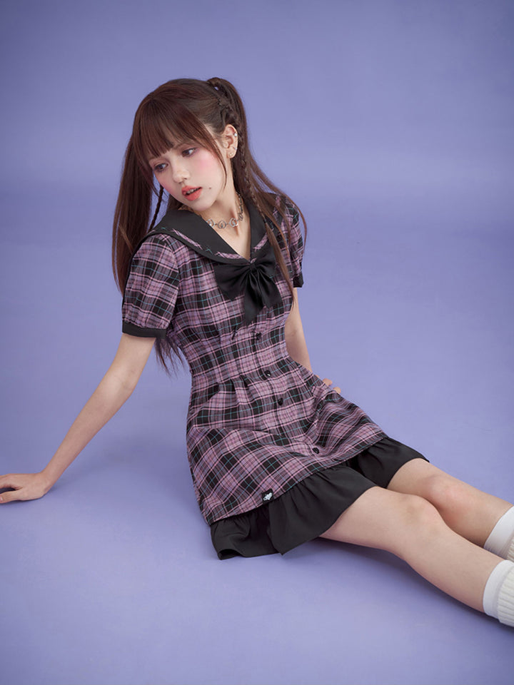 Pink Plaid Sailor Collar Mini Dress