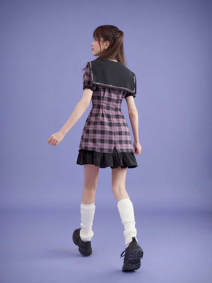 Pink Plaid Sailor Collar Mini Dress