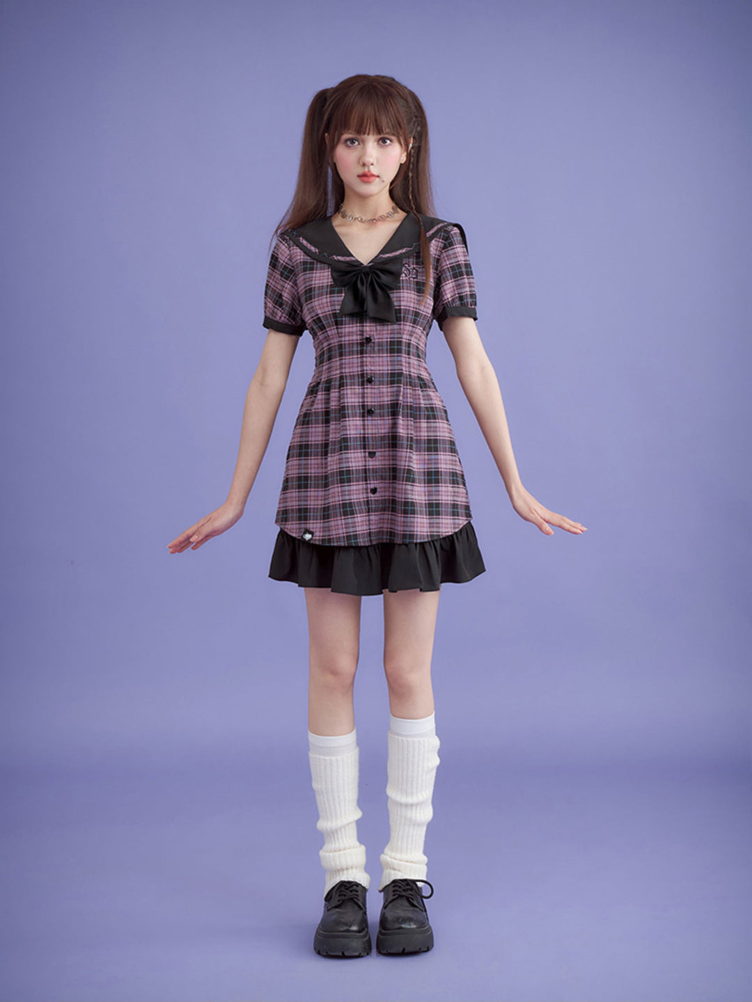 Pink Plaid Sailor Collar Mini Dress