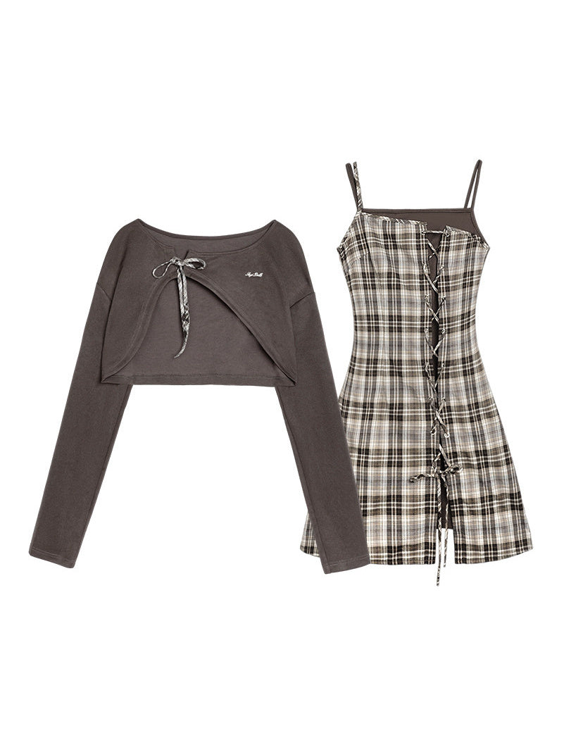 Plaid Lace-Up Mini Dress Set