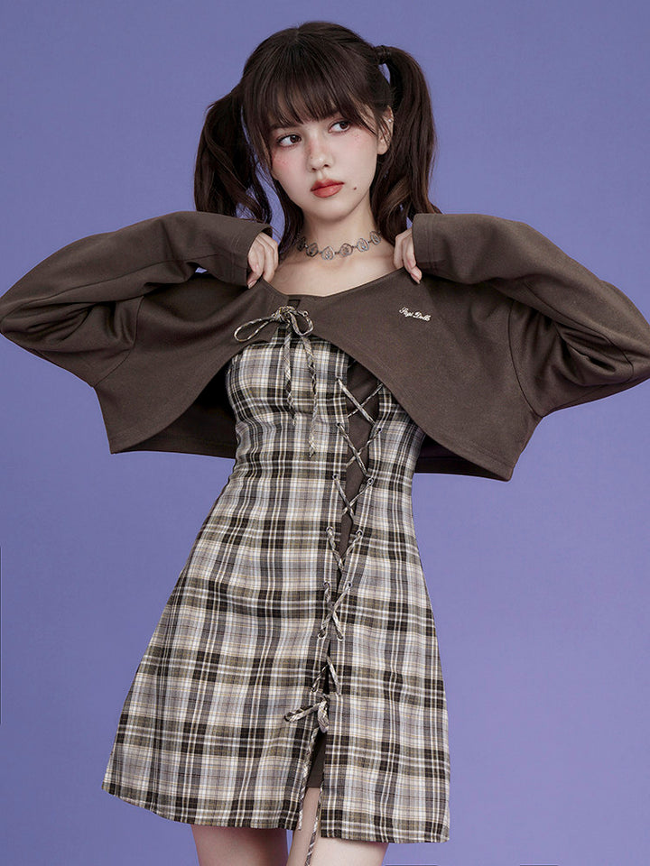 Plaid Lace-Up Mini Dress Set