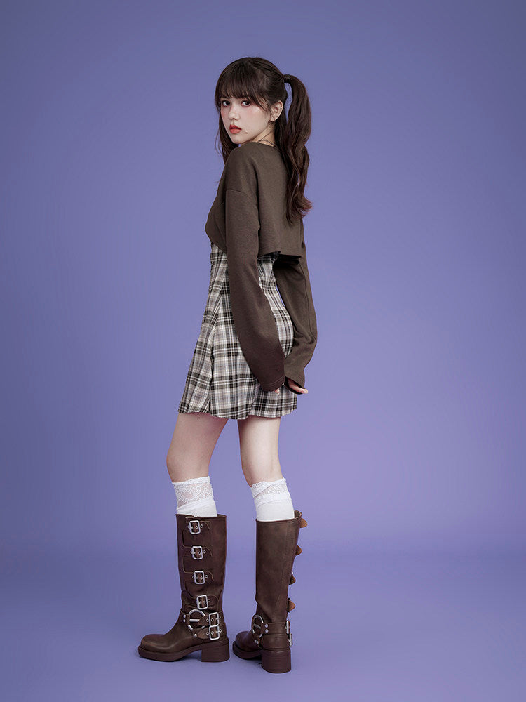 Plaid Lace-Up Mini Dress Set