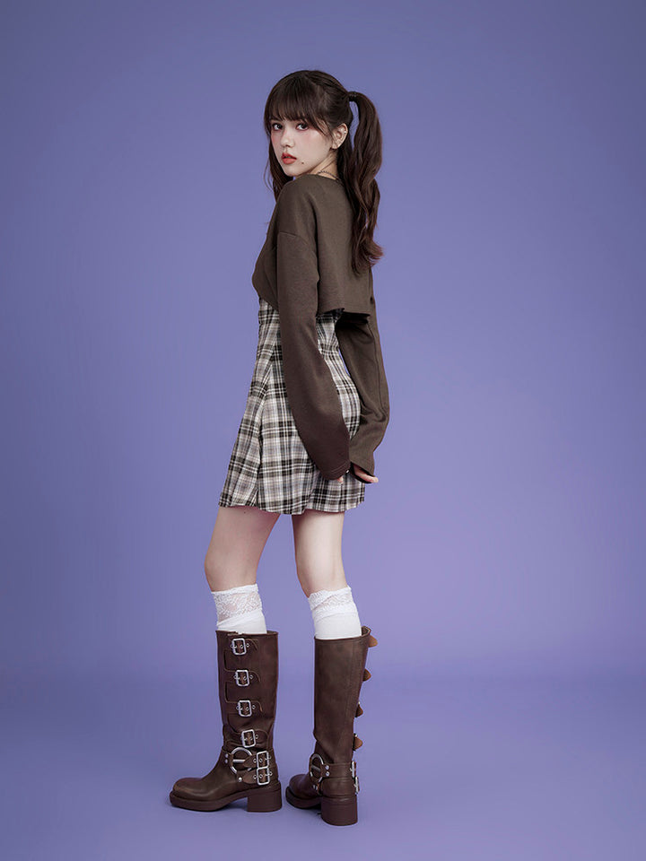 Plaid Lace-Up Mini Dress Set