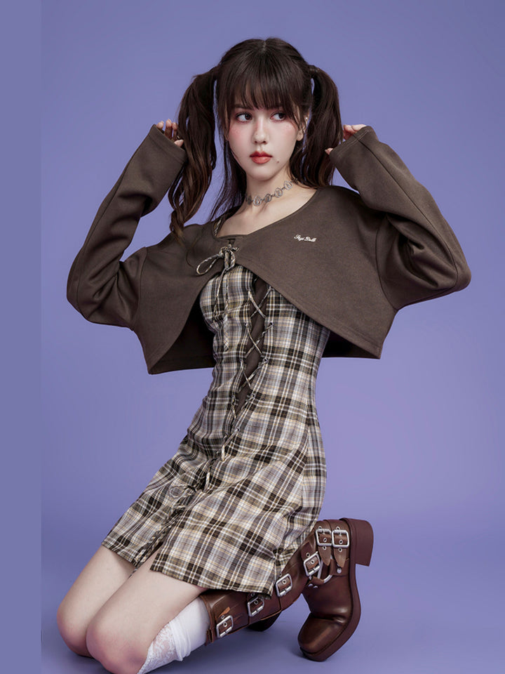 Plaid Lace-Up Mini Dress Set