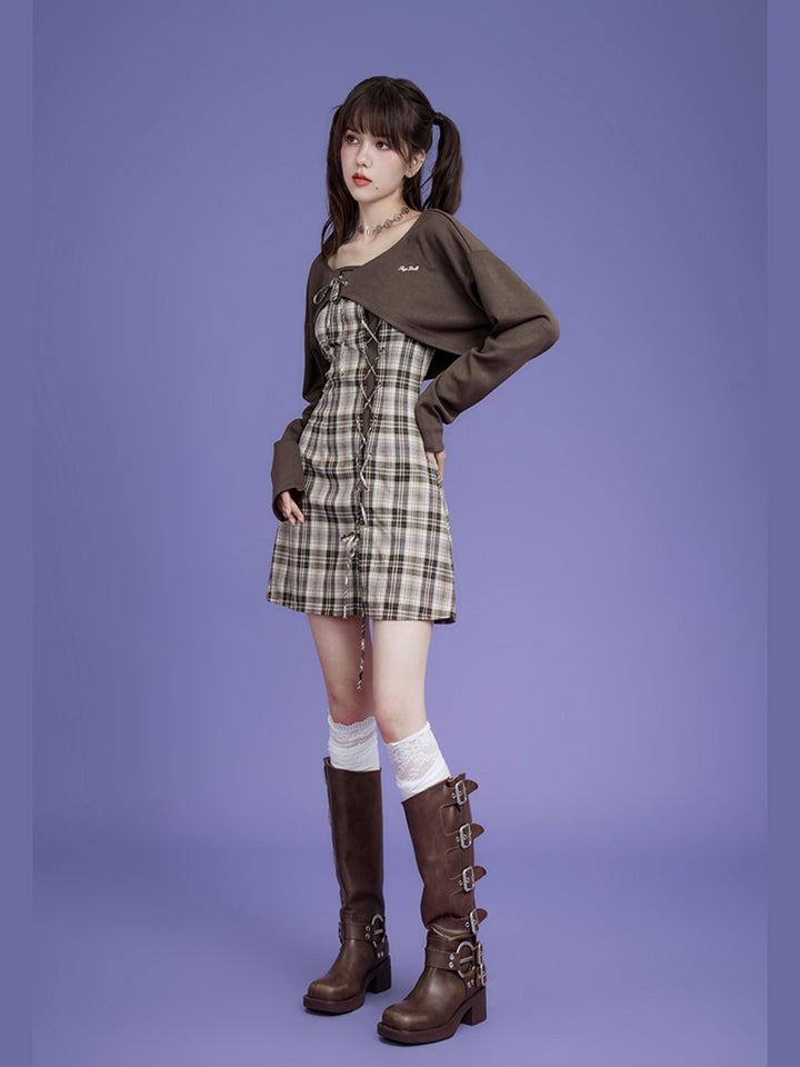 Plaid Lace-Up Mini Dress Set