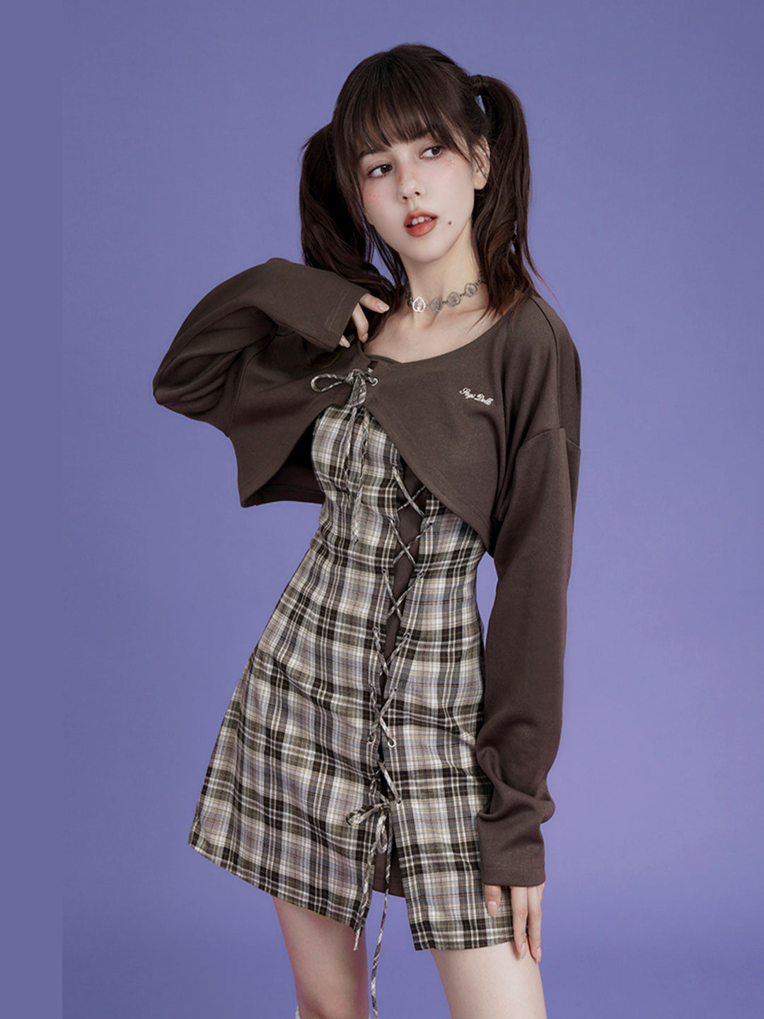 Plaid Lace-Up Mini Dress Set