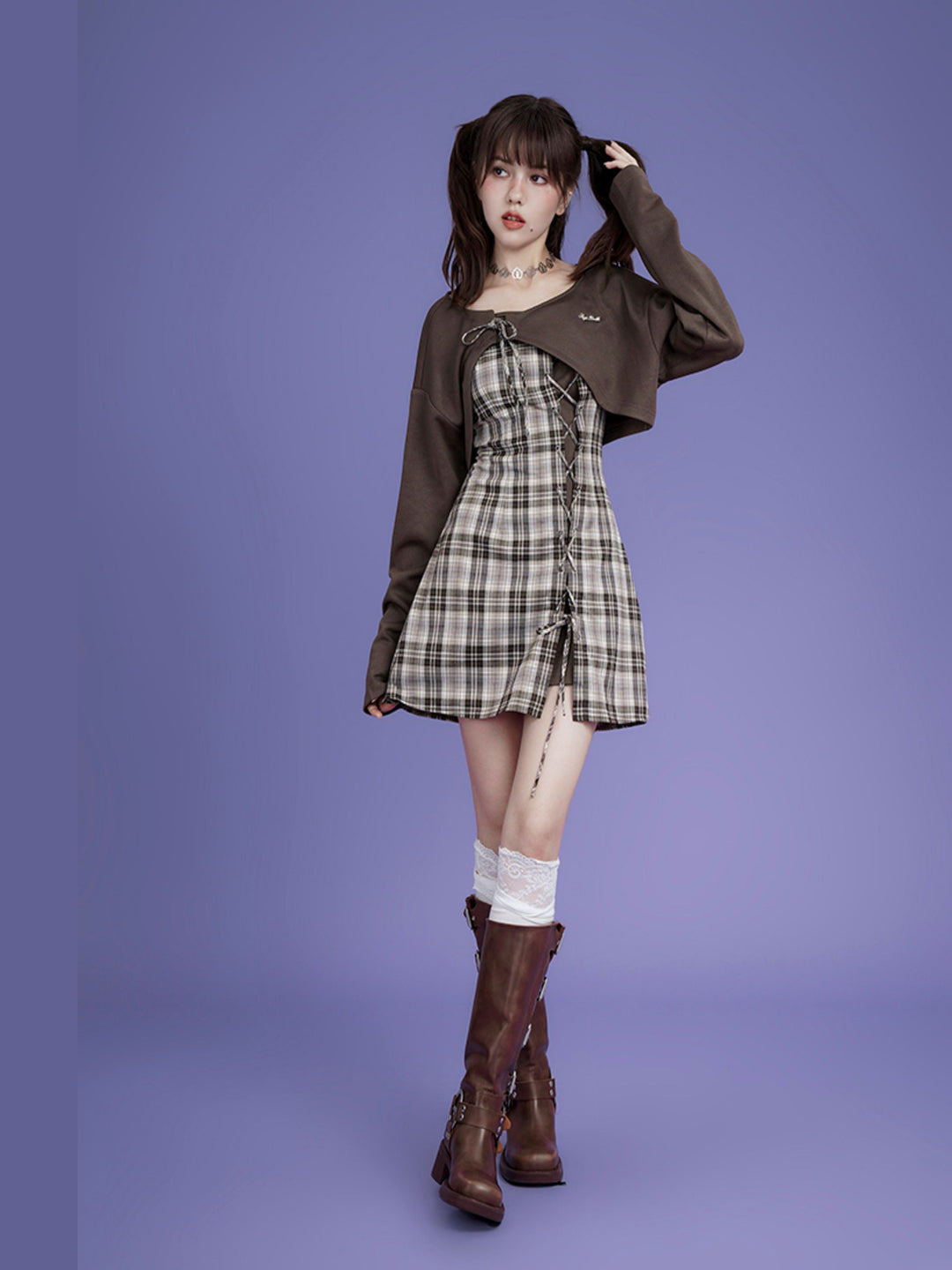 Plaid Lace-Up Mini Dress Set