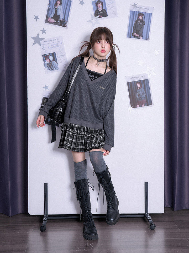 V-Neck Plaid Ruffle Layered Dress