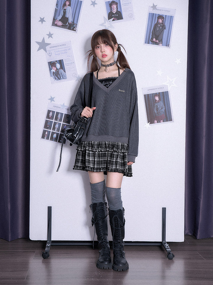 V-Neck Plaid Ruffle Layered Dress
