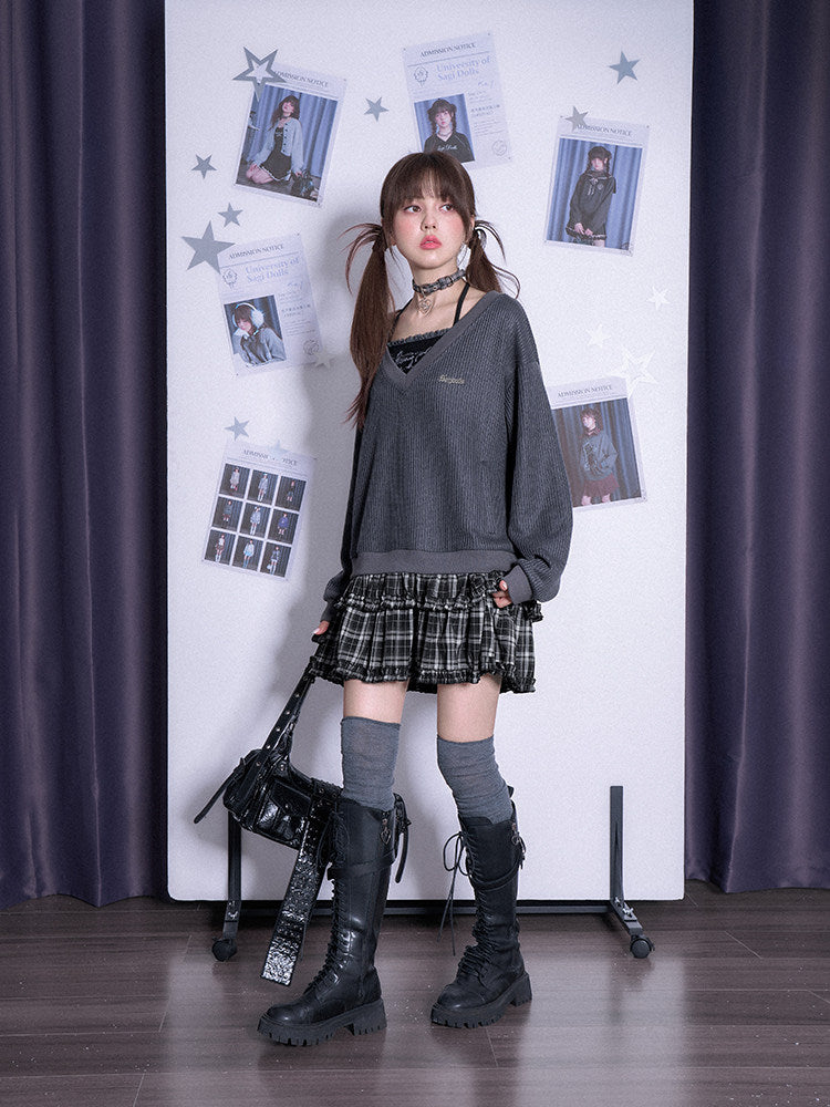 V-Neck Plaid Ruffle Layered Dress