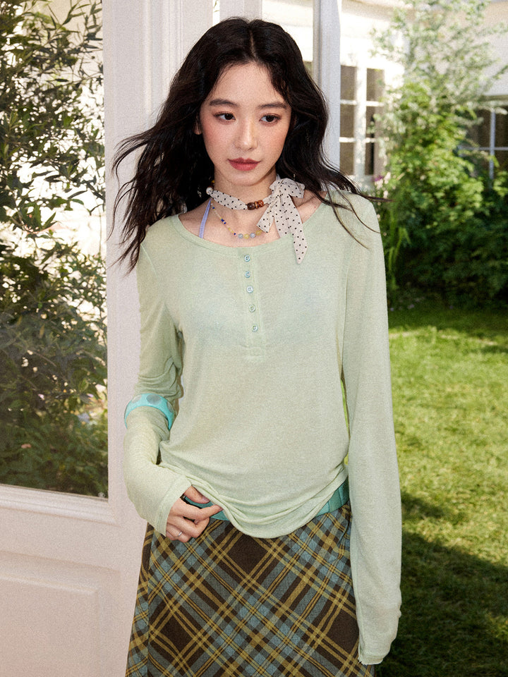 Scoop Neck Button Long Sleeve Top
