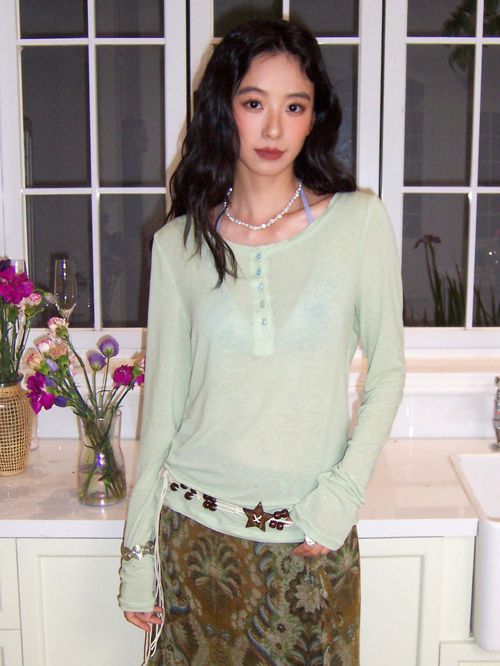 Scoop Neck Button Long Sleeve Top