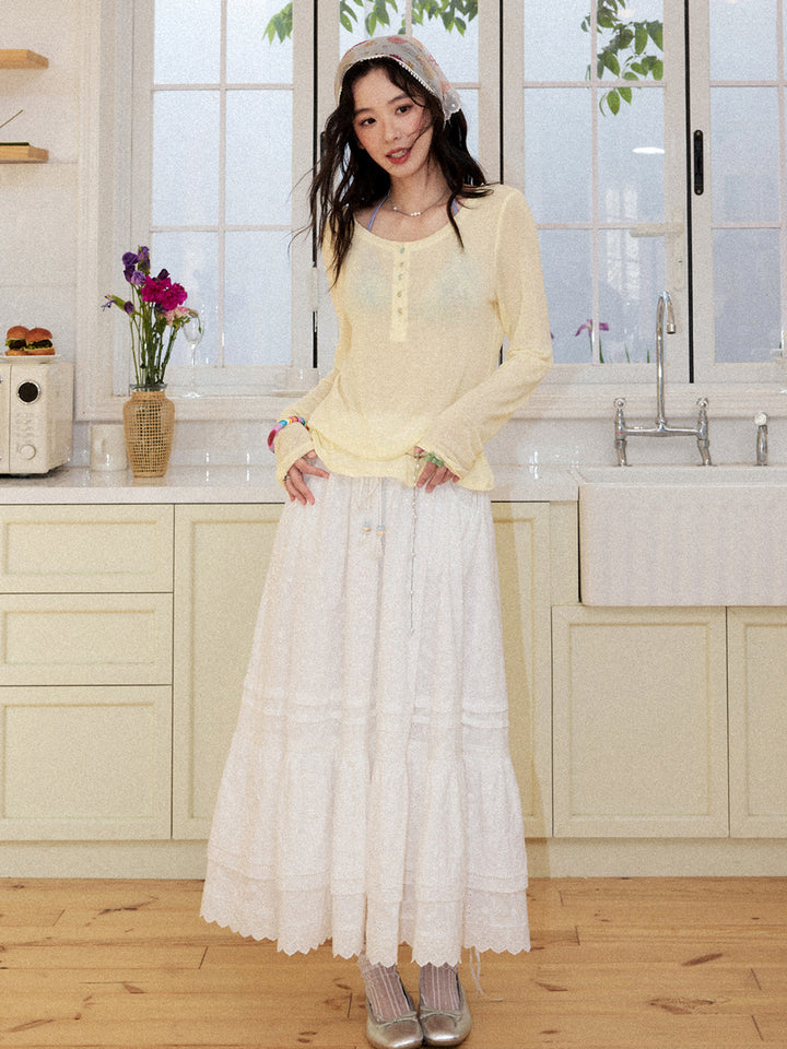 Scoop Neck Button Long Sleeve Top