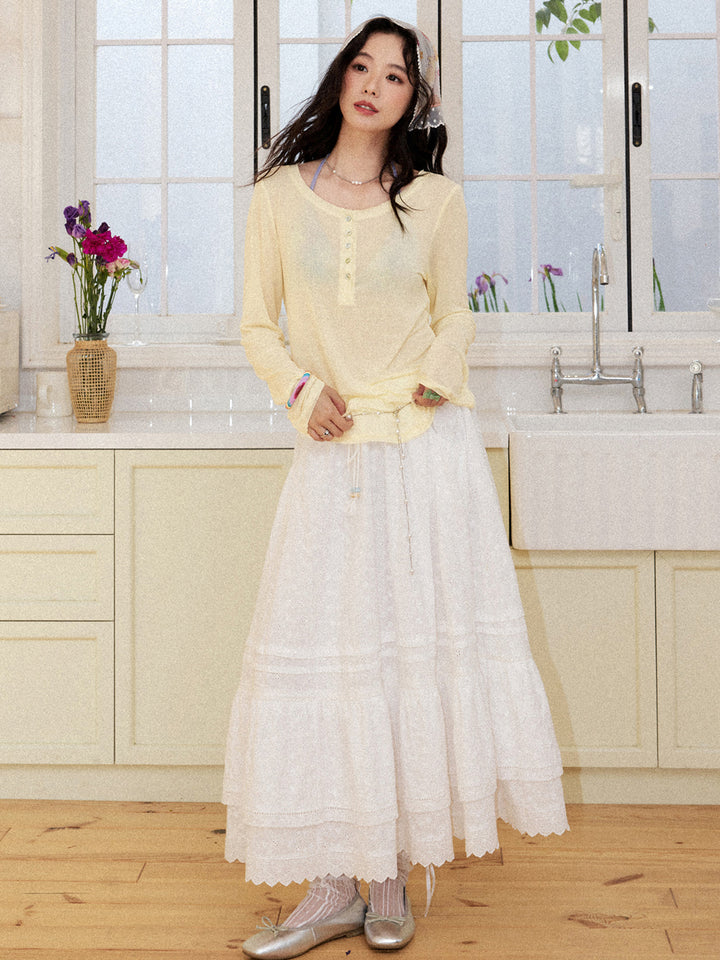Scoop Neck Button Long Sleeve Top