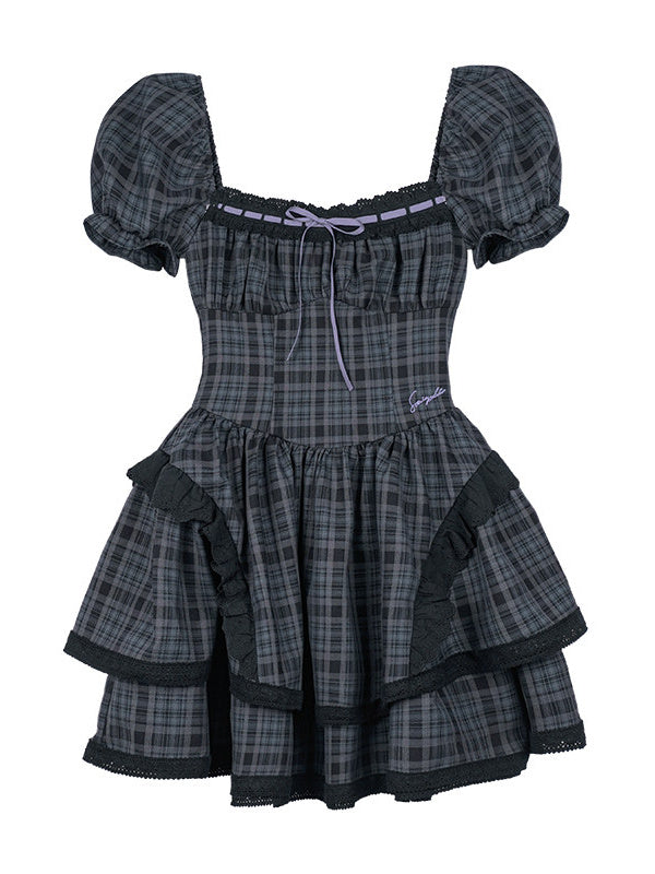 Plaid Puff Sleeve Tiered Mini Dress