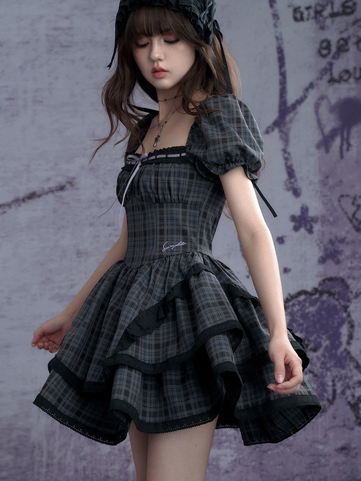 Plaid Puff Sleeve Tiered Mini Dress