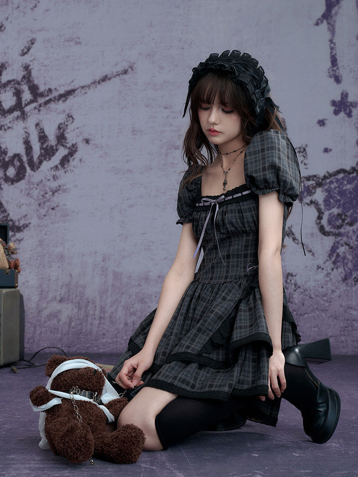Plaid Puff Sleeve Tiered Mini Dress
