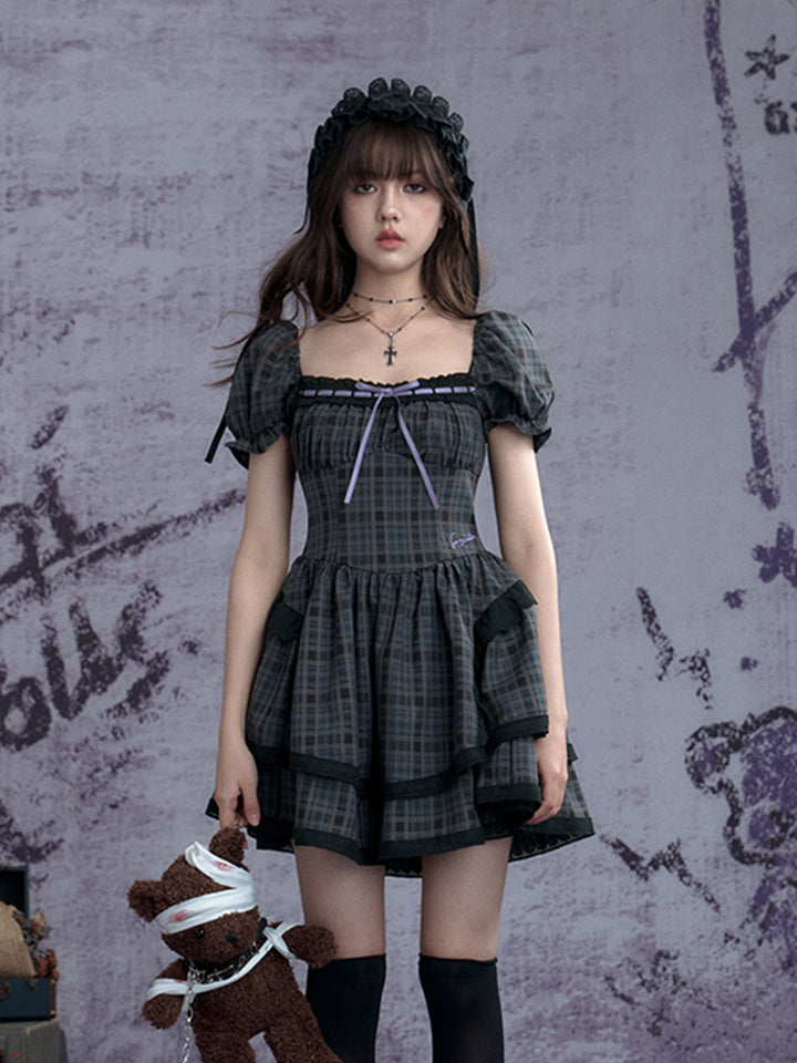 Plaid Puff Sleeve Tiered Mini Dress