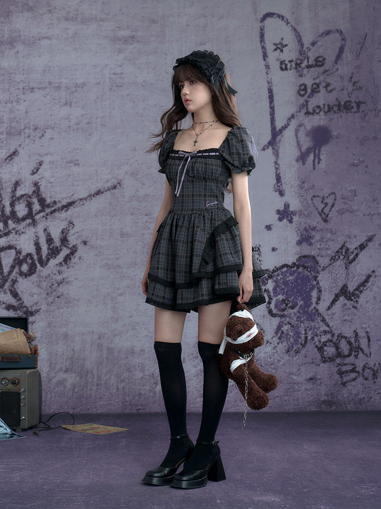 Plaid Puff Sleeve Tiered Mini Dress