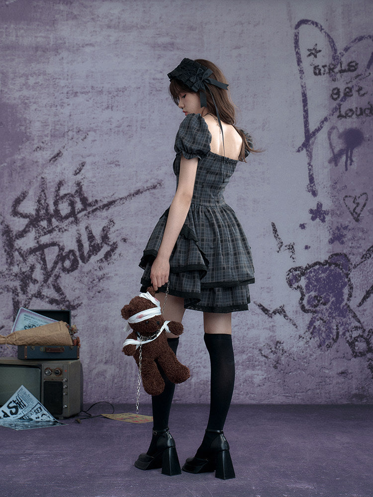 Plaid Puff Sleeve Tiered Mini Dress