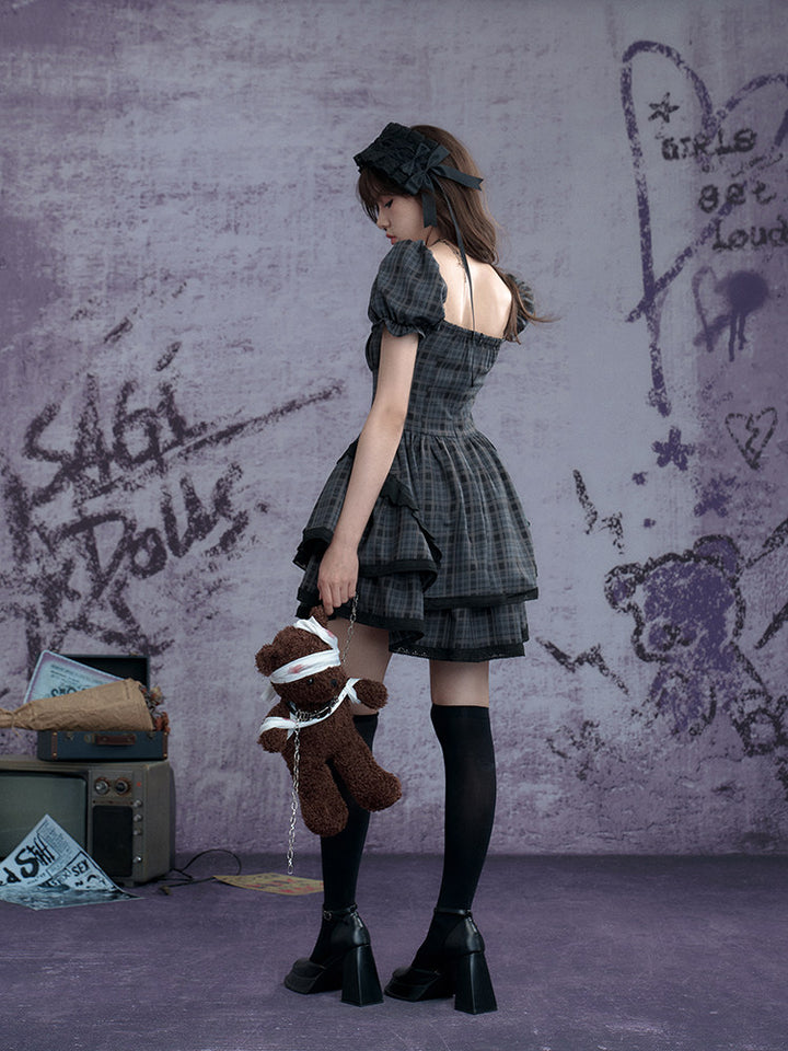 Plaid Puff Sleeve Tiered Mini Dress