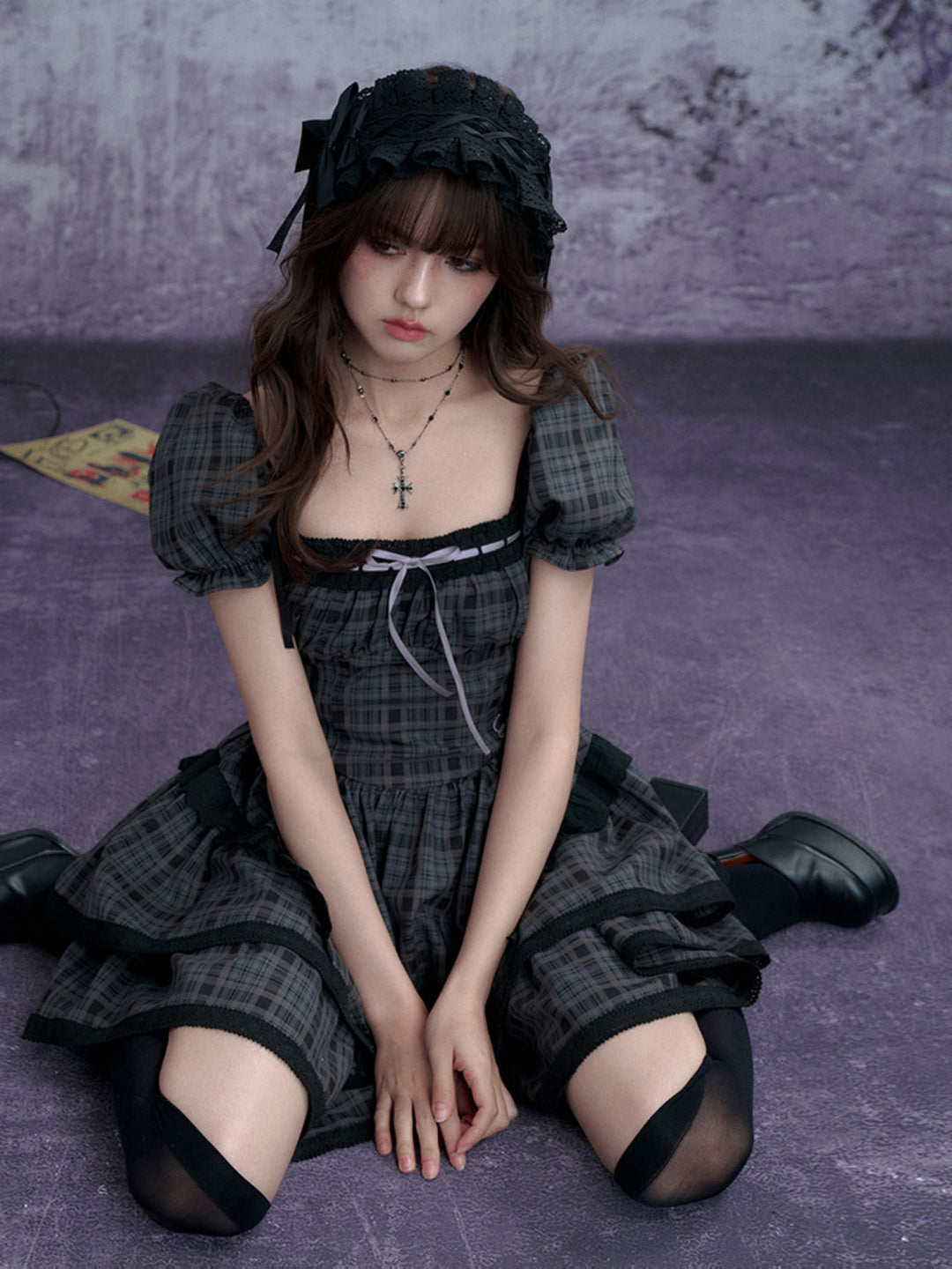 Plaid Puff Sleeve Tiered Mini Dress