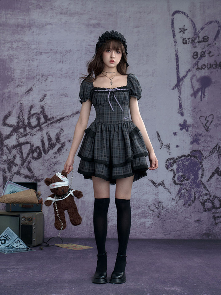 Plaid Puff Sleeve Tiered Mini Dress
