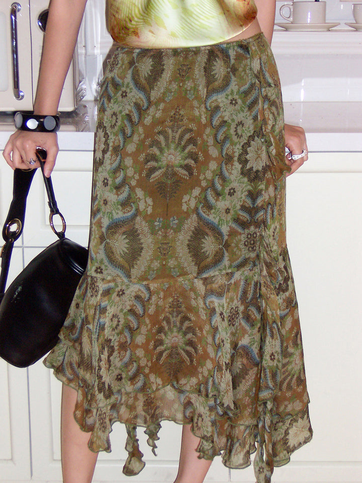 Vintage Floral Asymmetrical Chiffon Midi Skirt