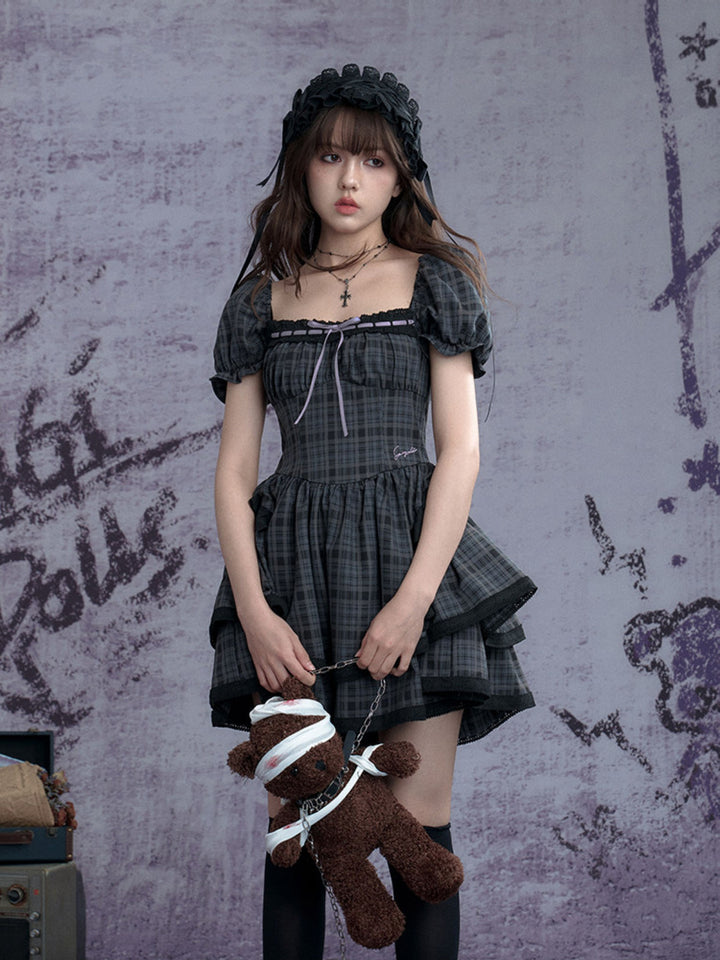 Plaid Puff Sleeve Tiered Mini Dress
