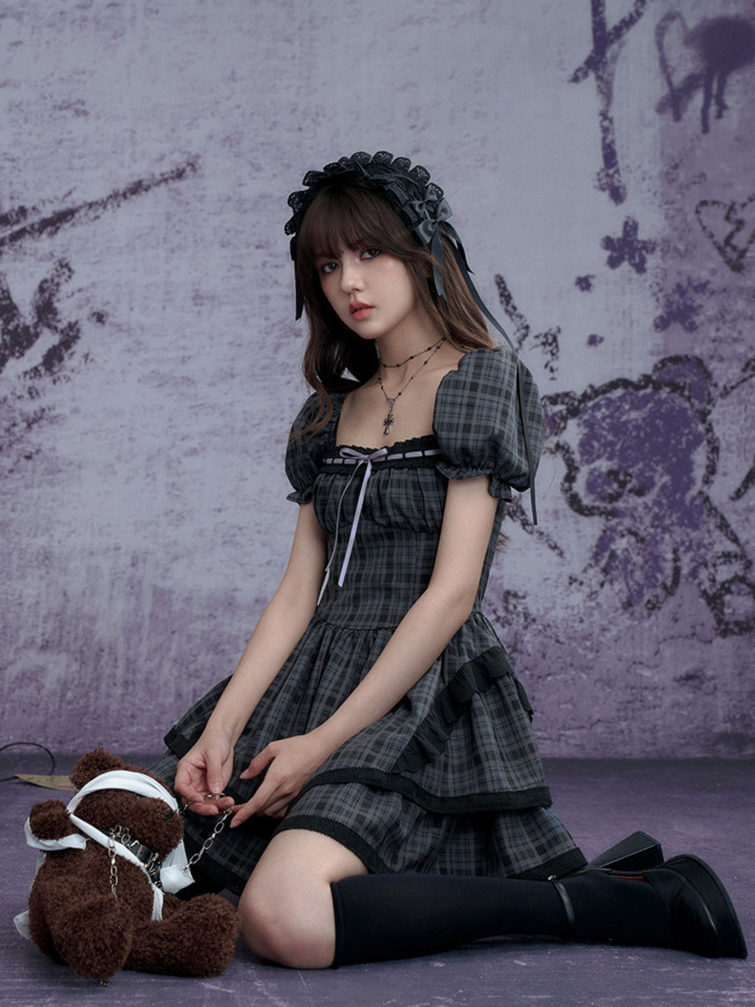 Plaid Puff Sleeve Tiered Mini Dress
