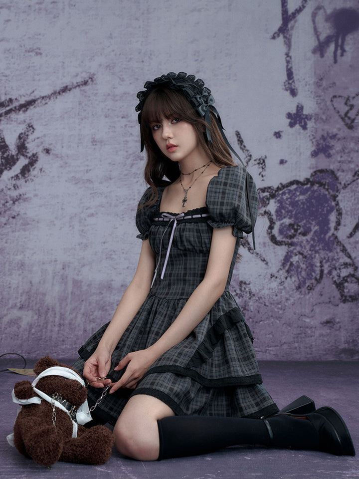 Plaid Puff Sleeve Tiered Mini Dress