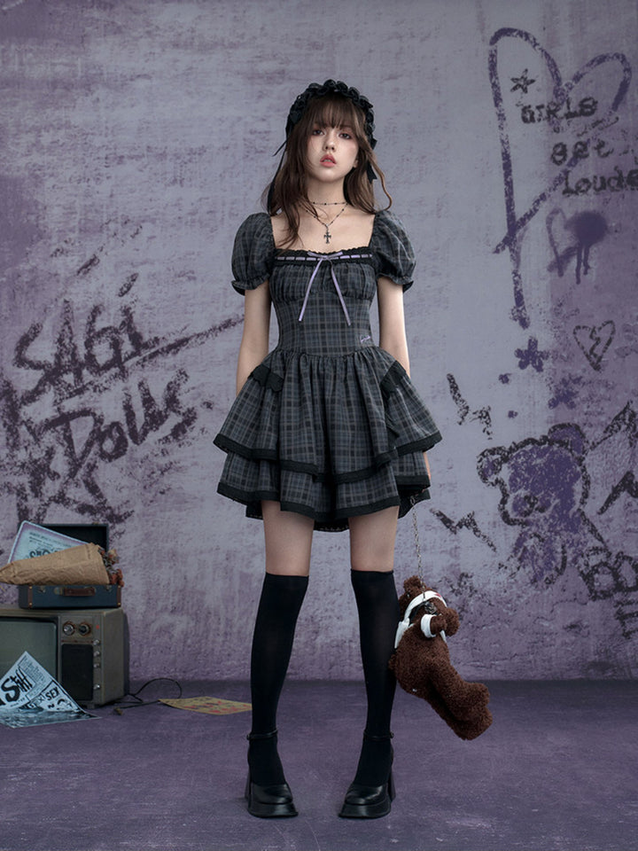 Plaid Puff Sleeve Tiered Mini Dress