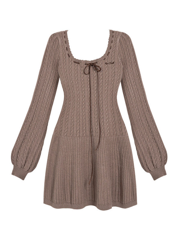 Brown Square Neck Knit Mini Dress