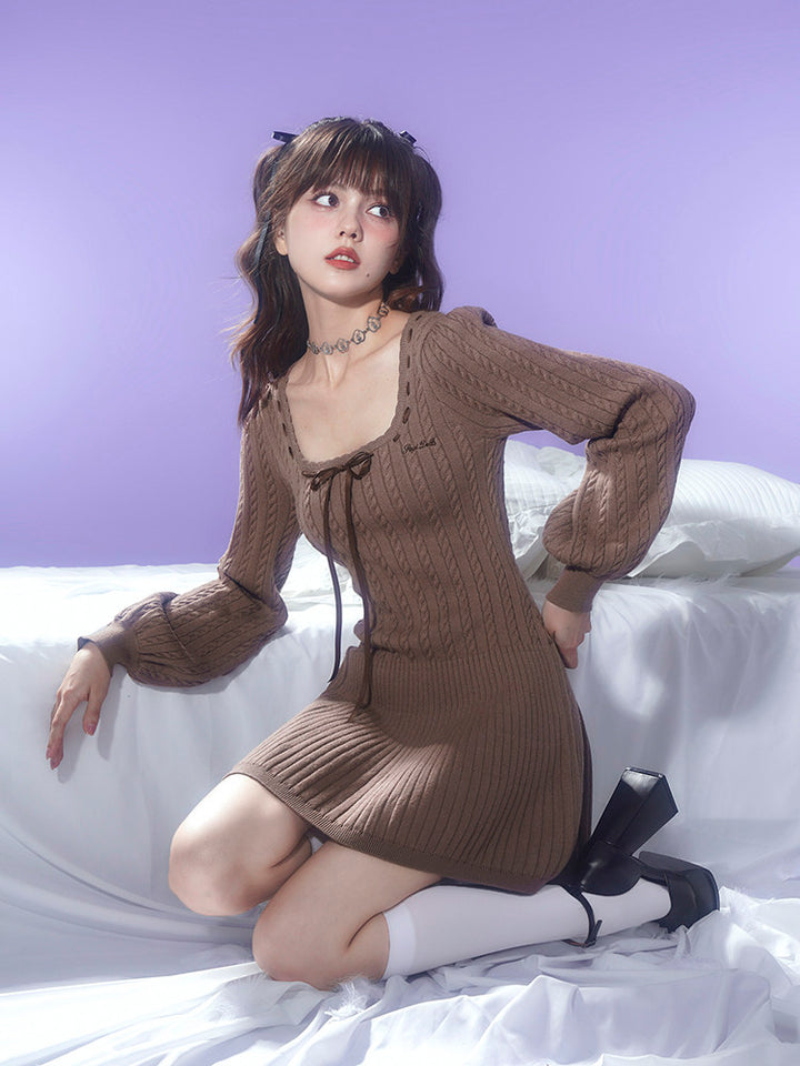 Brown Square Neck Knit Mini Dress