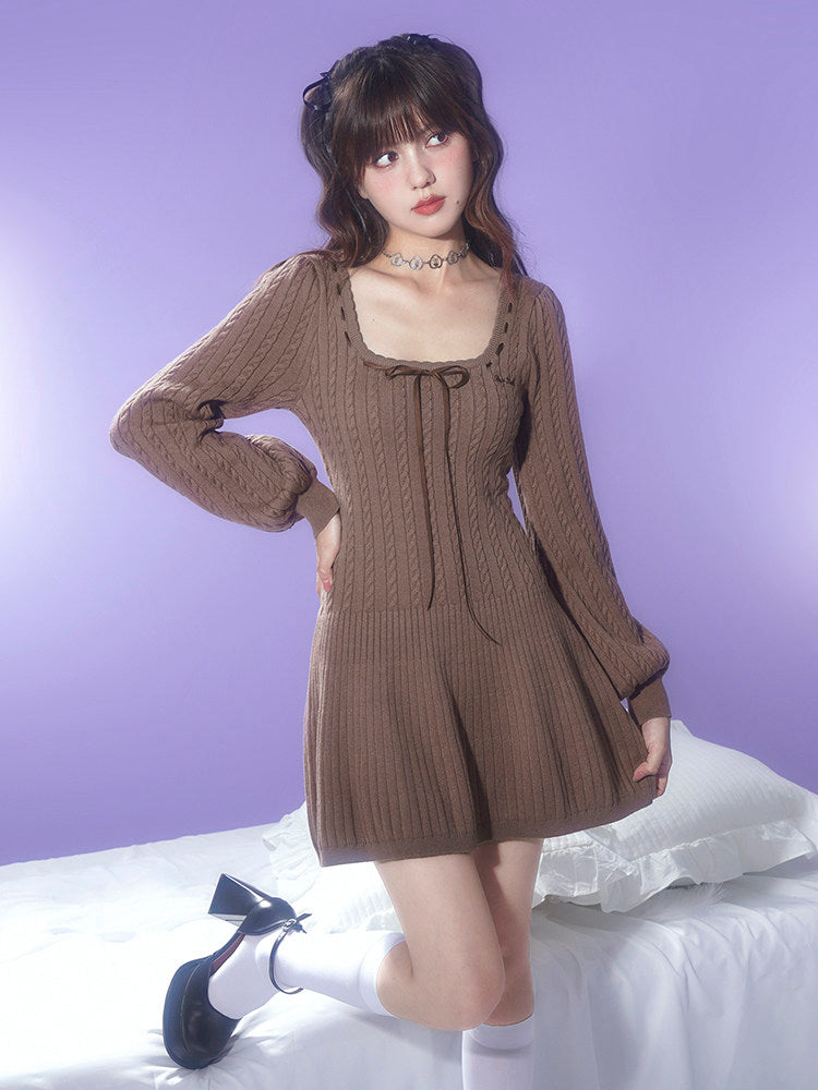 Brown Square Neck Knit Mini Dress