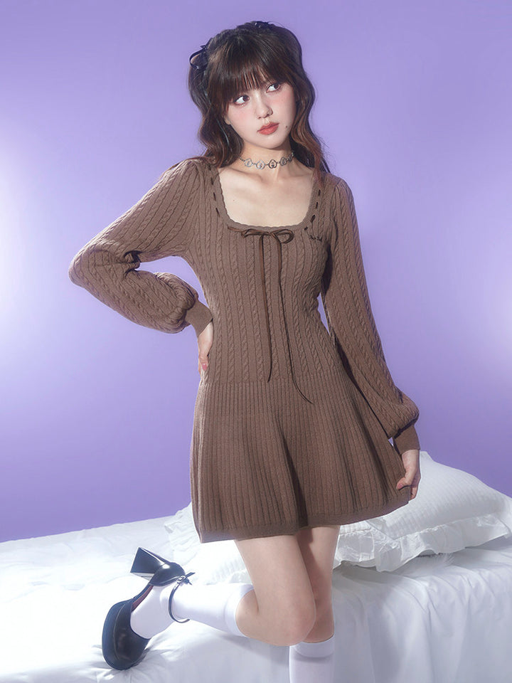 Brown Square Neck Knit Mini Dress