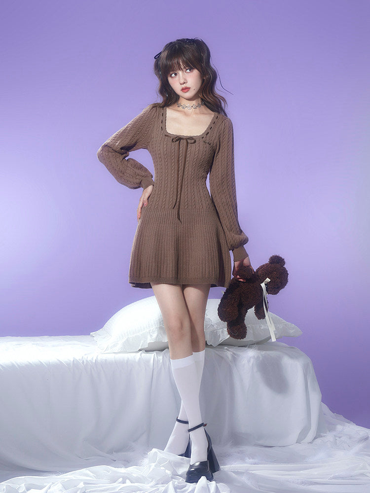 Brown Square Neck Knit Mini Dress
