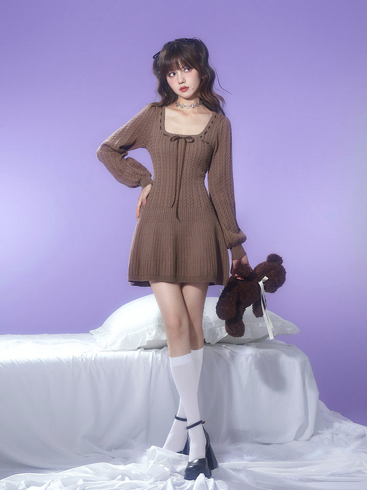 Brown Square Neck Knit Mini Dress